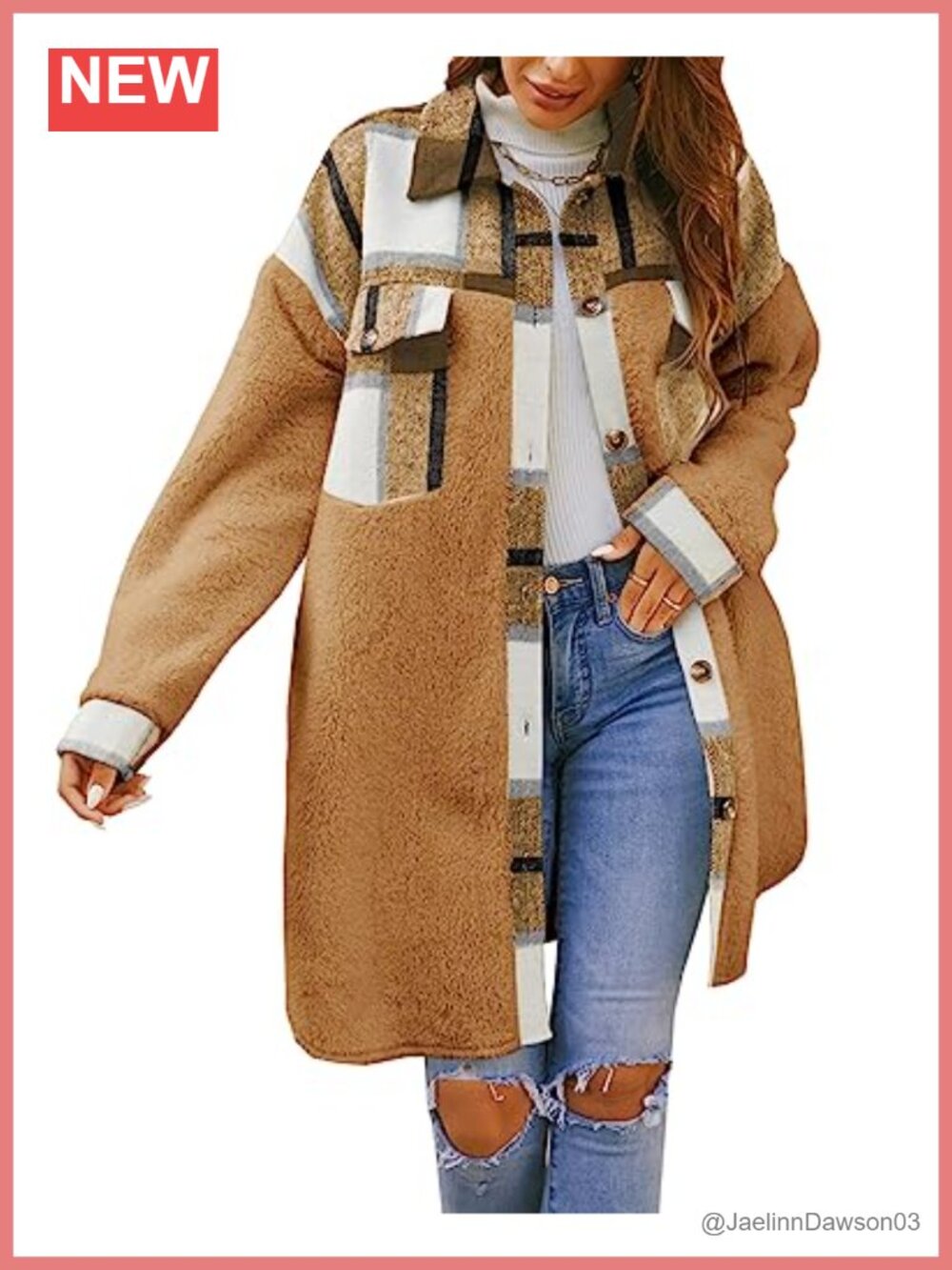 Fuzzy Fleece Sherpa Shacket Jacket Knee Length Oversized Plaid Winter Coat